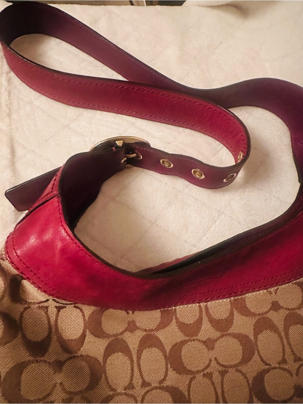 Coach Brown Signature Canvas Shoulder Bag with Burgundy Leather Trim - Picture 9 of 15